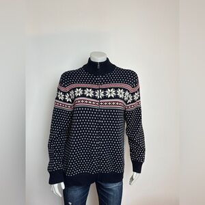 HUDSON NORTH  - Snowflake Zipper Sweater. Navy, red, ivory. Large